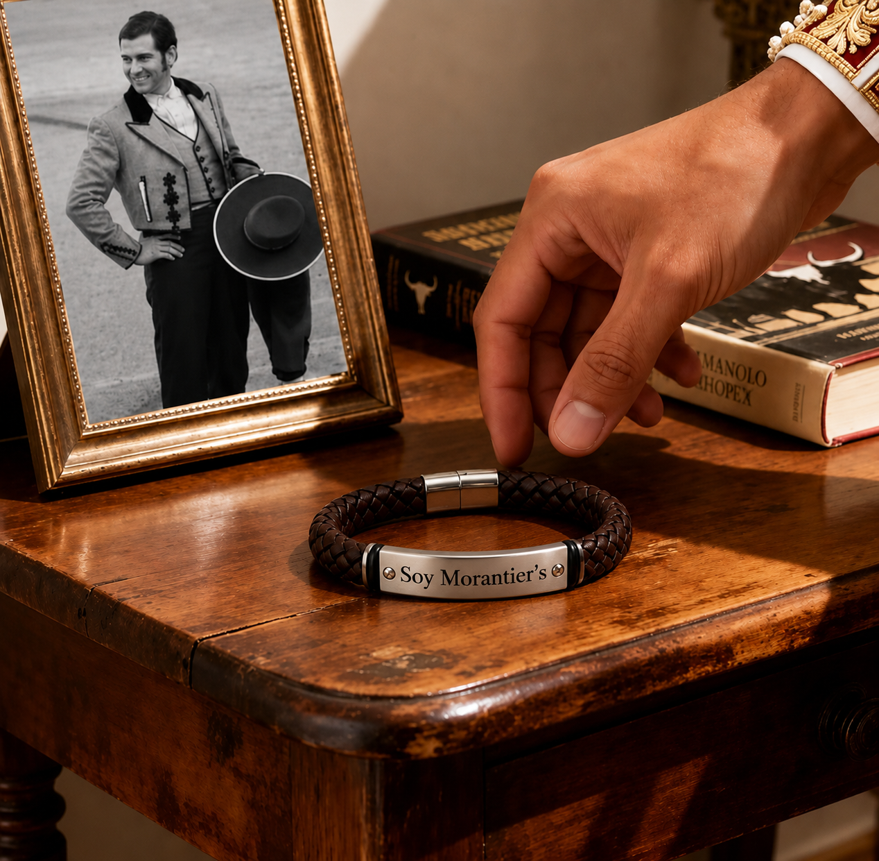 Pulsera artesanal "Soy Morantier's" | Cuero y acero inoxidable