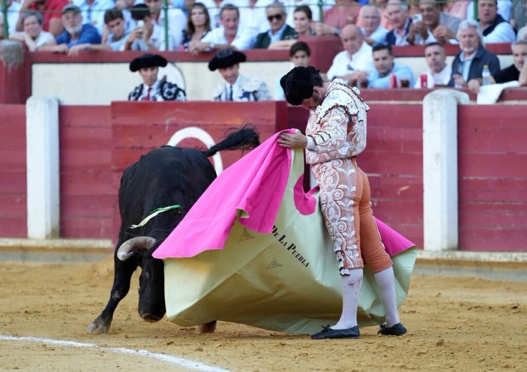 Morante de la Puebla conduce la embestida del toro con el capote en Valladolid.